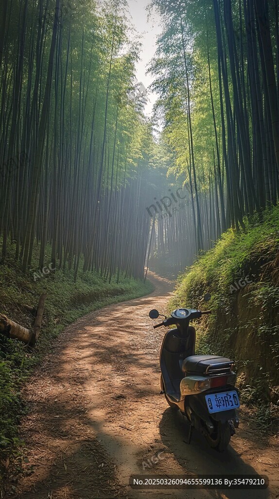 竹林小道上的静谧摩托车