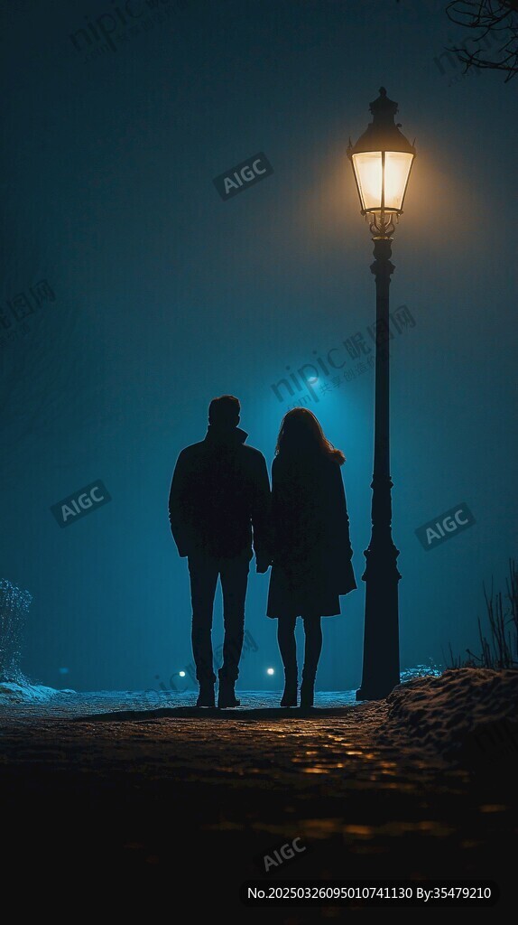 夜灯下情侣漫步的浪漫身影