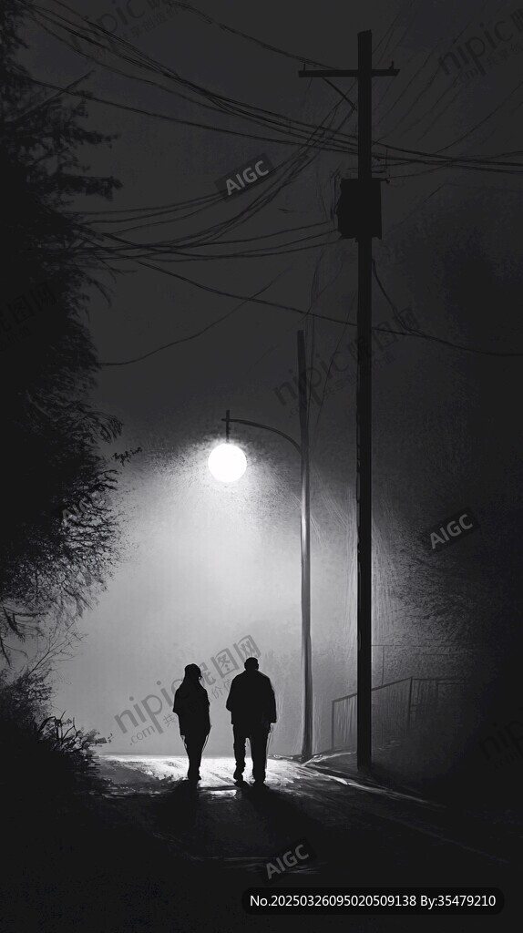 夜路灯下的两人身影