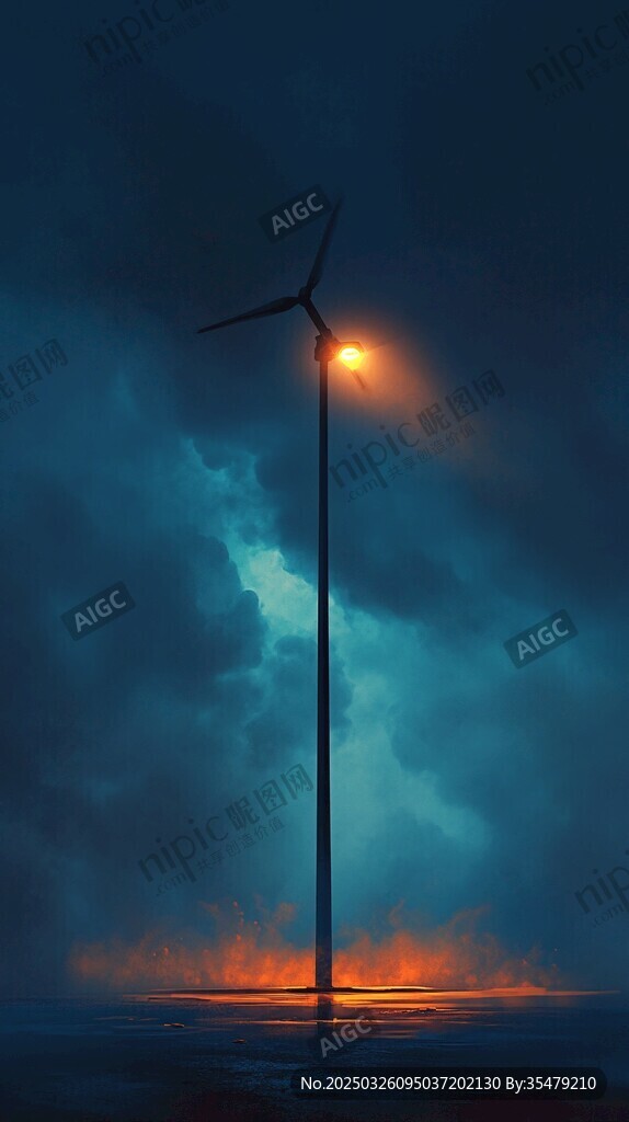 夜幕下的风电塔与路灯