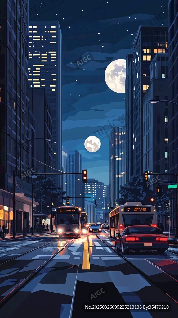 月夜下的繁华都市街道