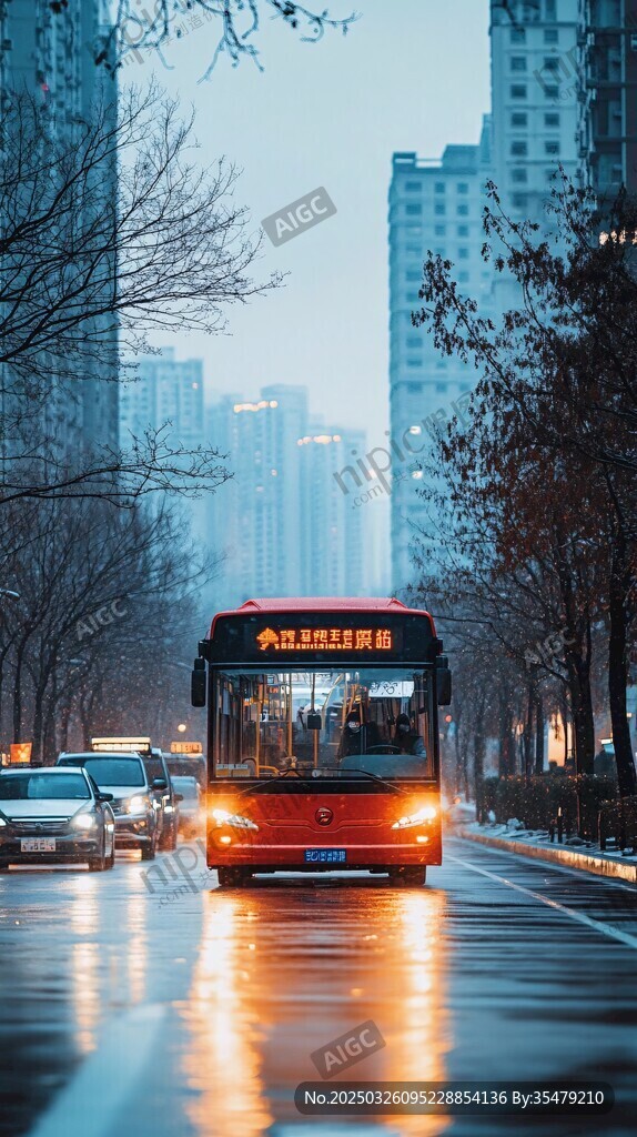 城市清晨公交行驶在湿滑街道