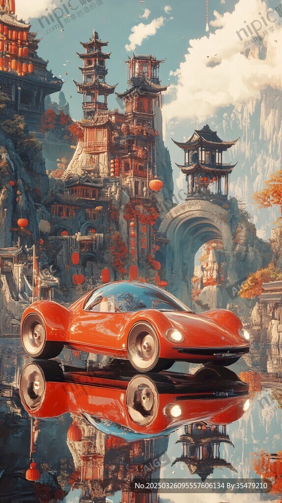 古风湖畔的酷炫红色跑车