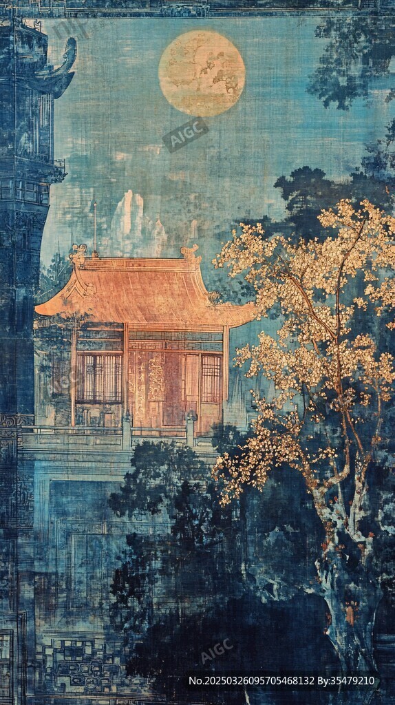 月夜中式楼阁秋景图