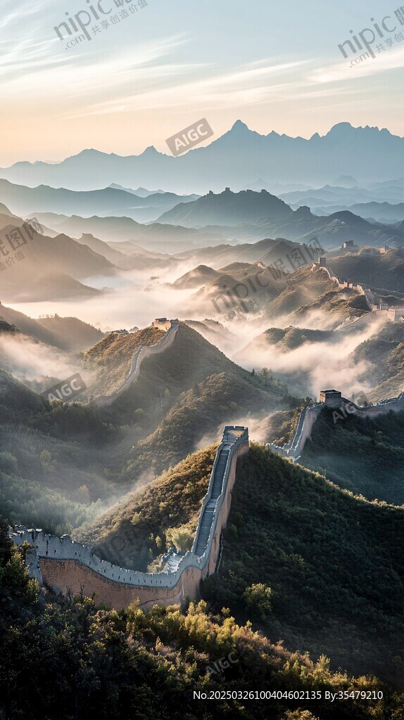 壮丽长城映于云海山峦间
