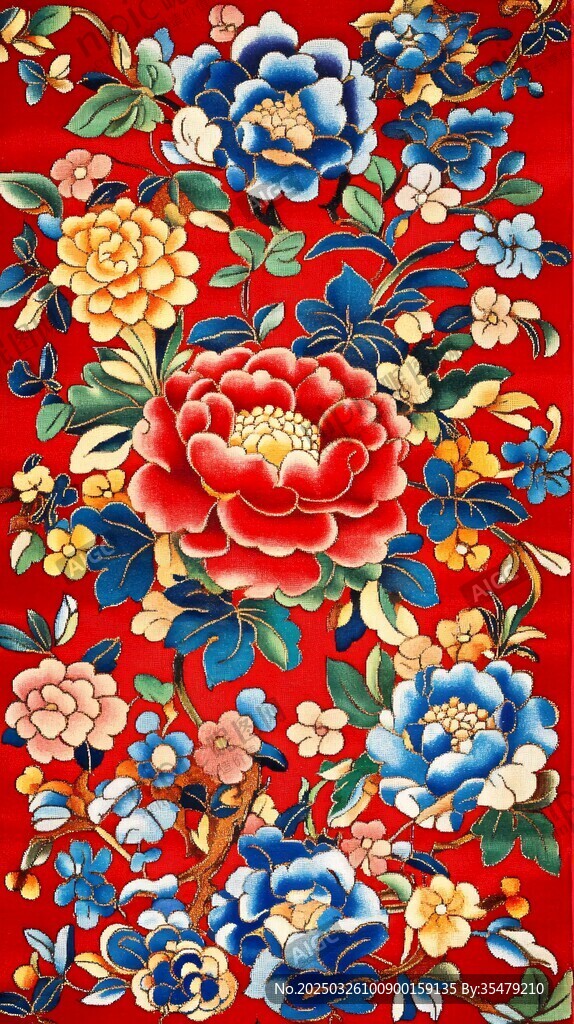 中式红底繁花锦绣图案