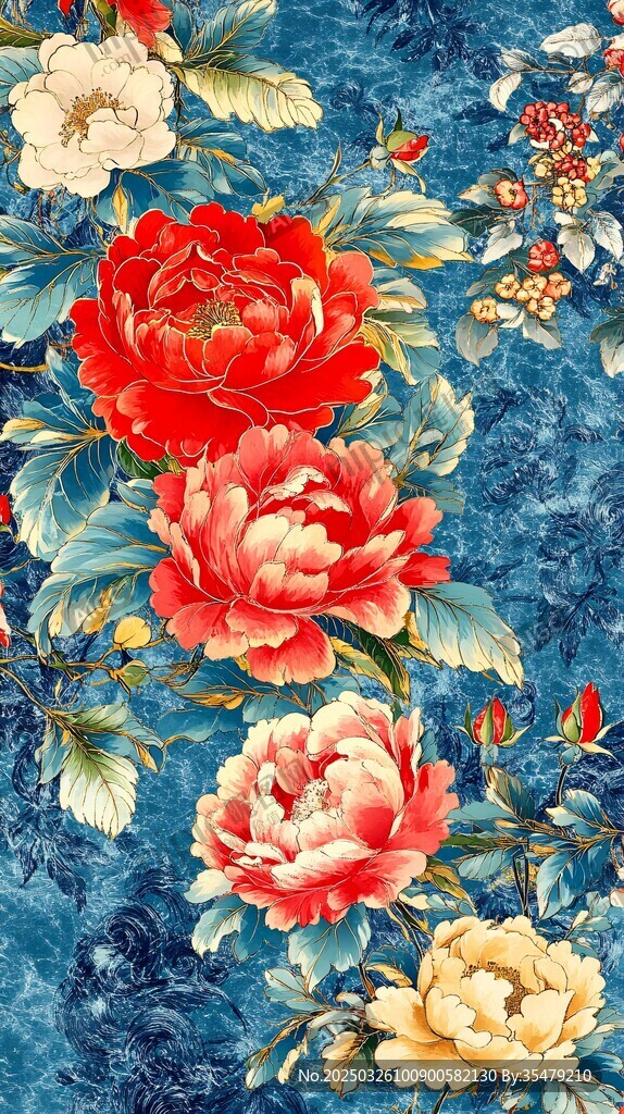 中式蓝底繁花锦簇图案