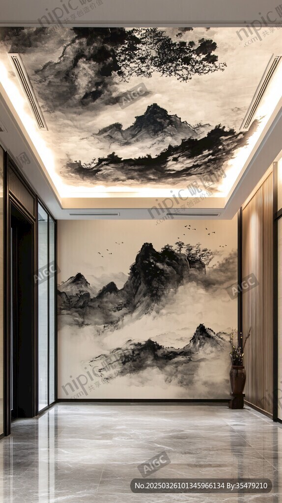 中式山水风走廊墙面装饰