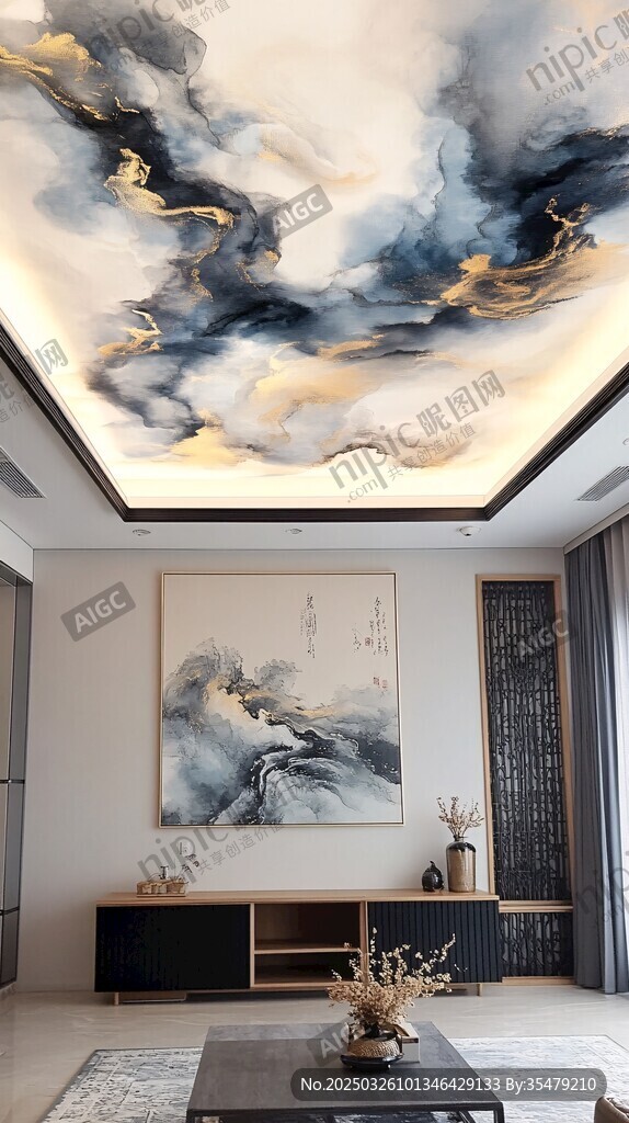 中式客厅的绝美天花板壁画