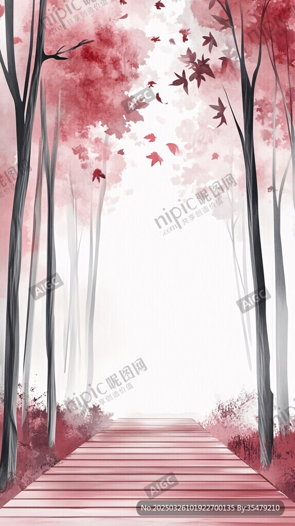 梦幻红叶林间木质小道