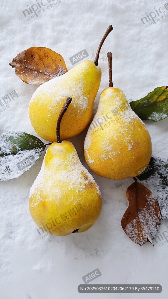 雪中黄梨与落叶的静谧画面