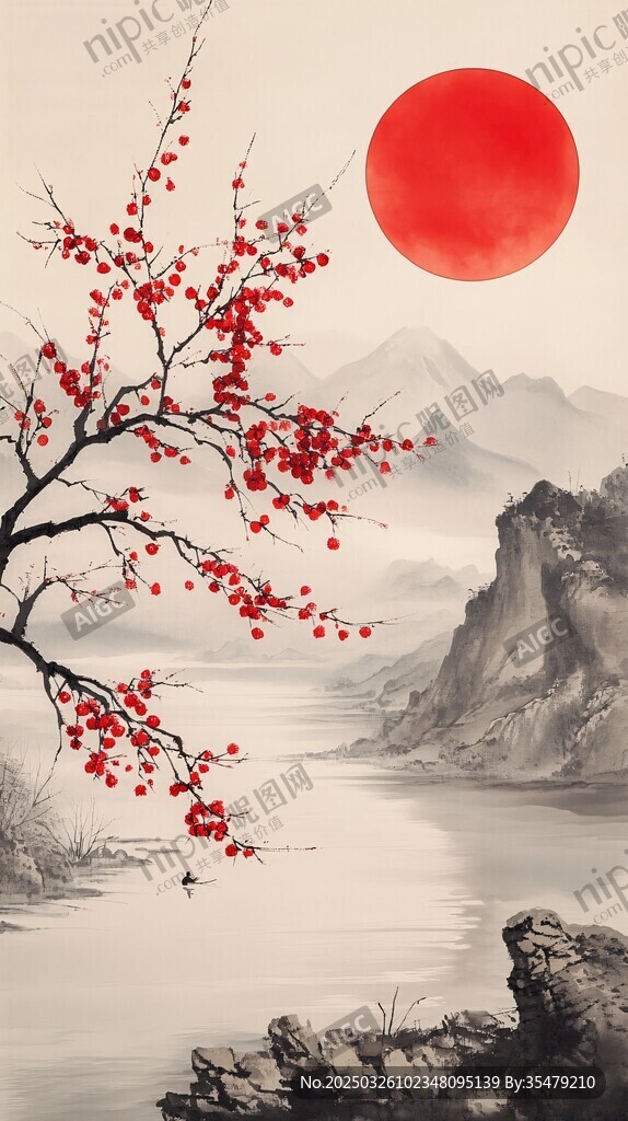 红梅映日山水图