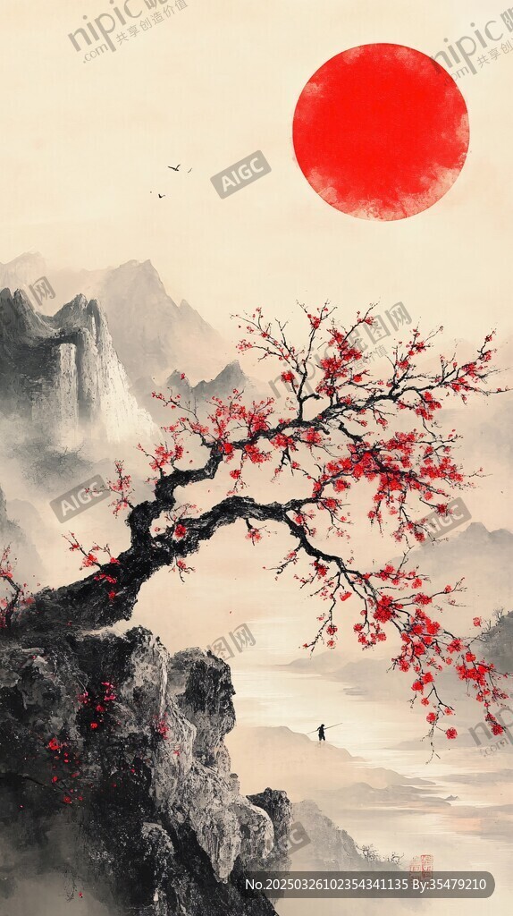 红梅映日 山水诗意画卷