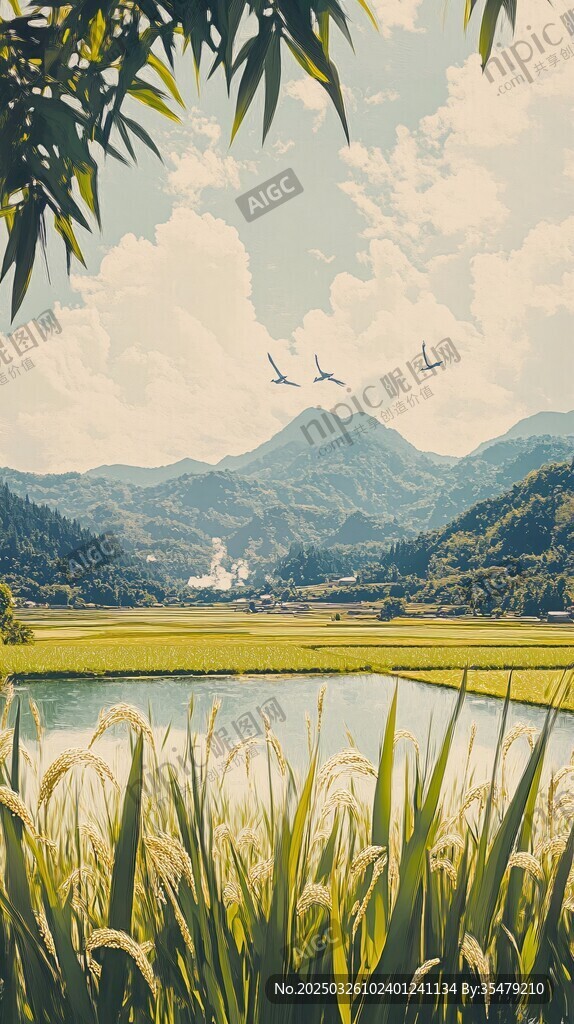 乡村田野山水间飞鸟图景