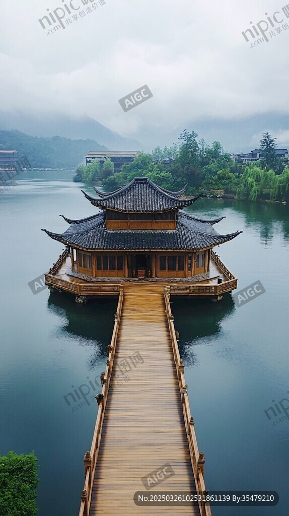 湖中小亭映烟雨