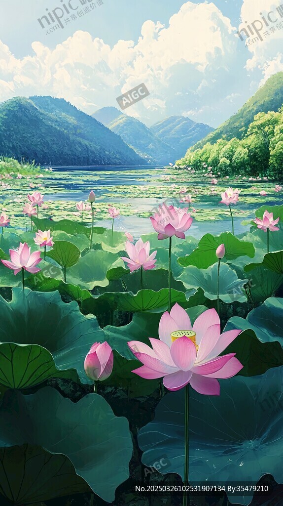 夏日荷塘山水诗意美景