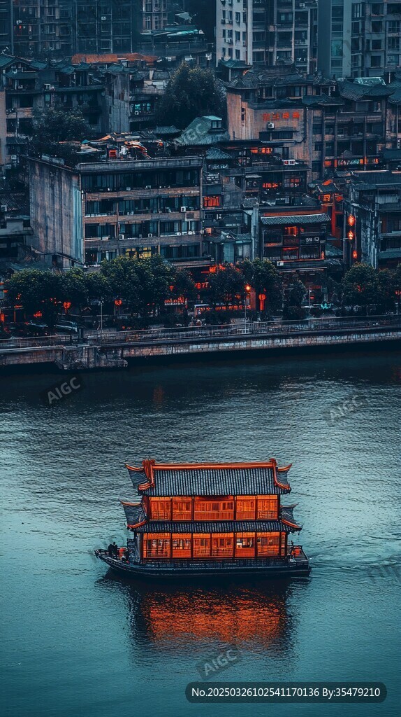 江上古船映城市夜景