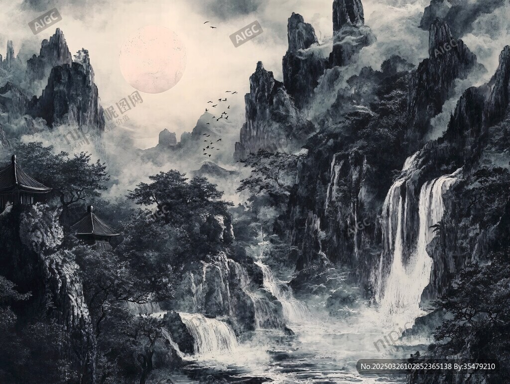 水墨山水间的月夜胜景