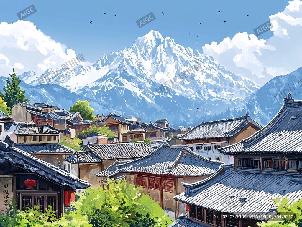 雪山下的古朴中式村落
