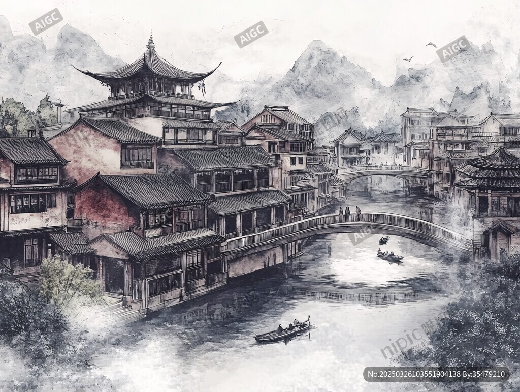 水墨江南水乡古建筑美景