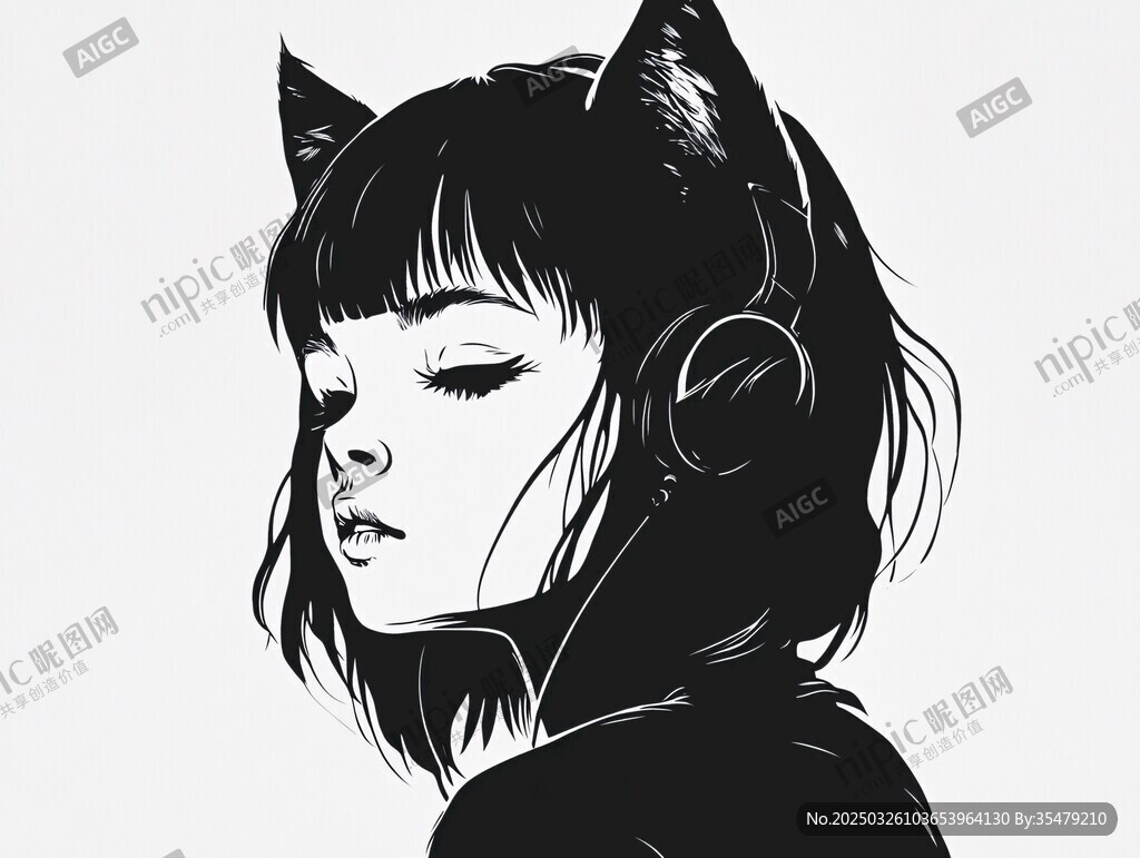 戴猫耳耳机的酷女孩