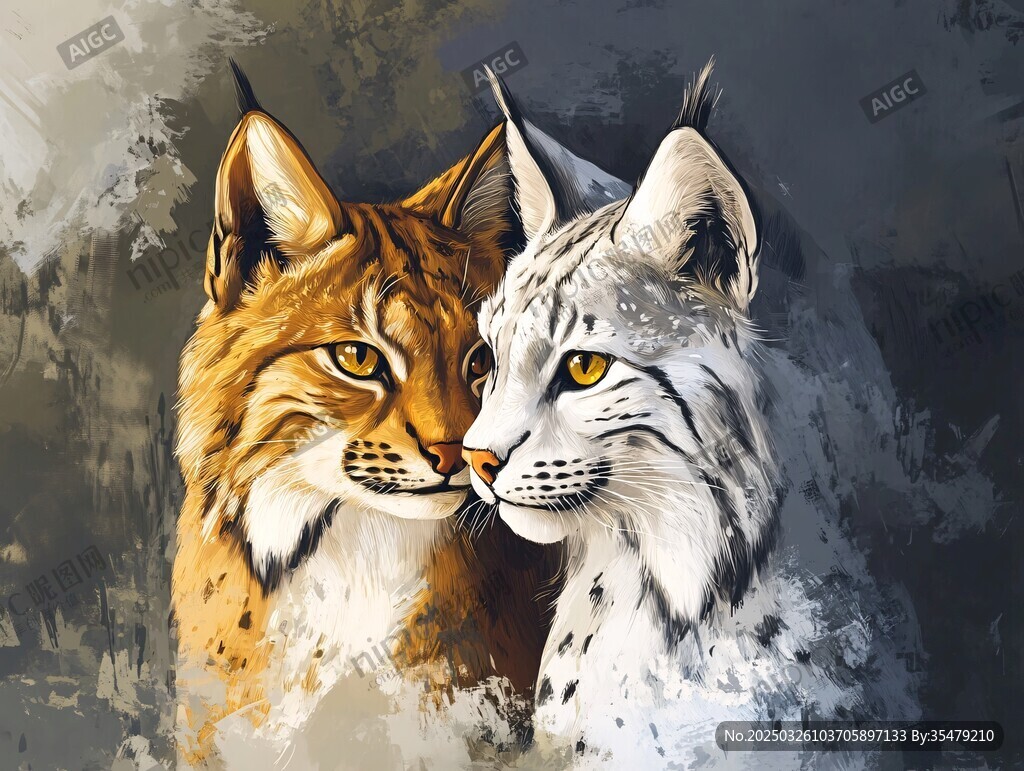 两只猞猁亲昵相依