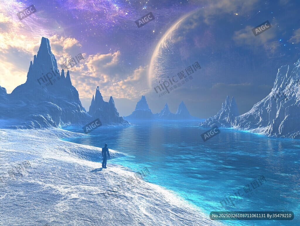 梦幻外星海岸的孤独旅人