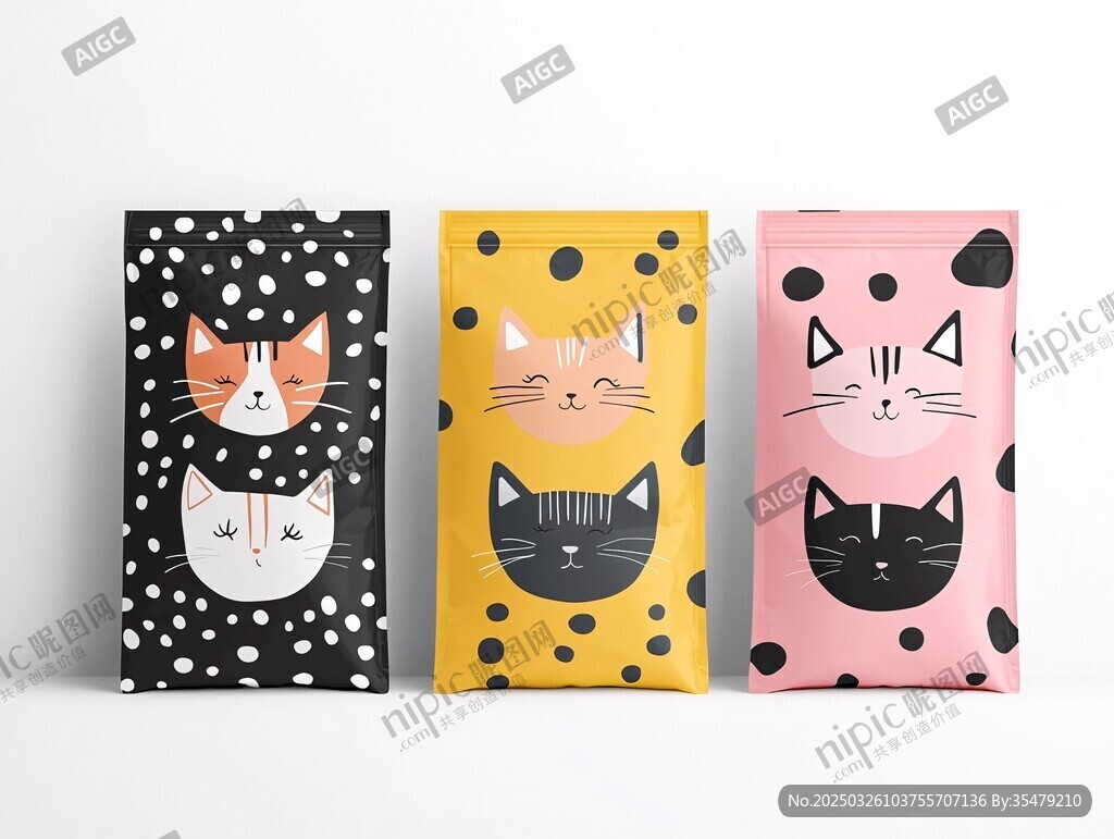 可爱猫咪图案的彩色包装袋