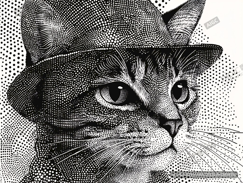 戴帽猫咪的精致黑白画像