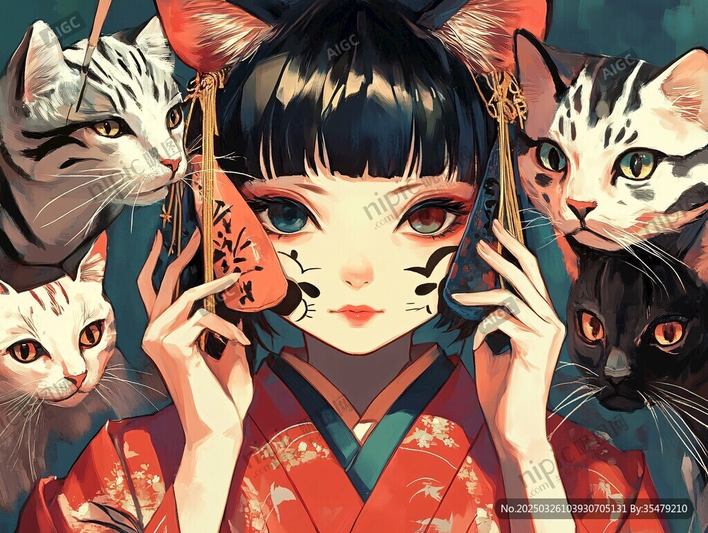 和服少女与可爱猫咪相伴