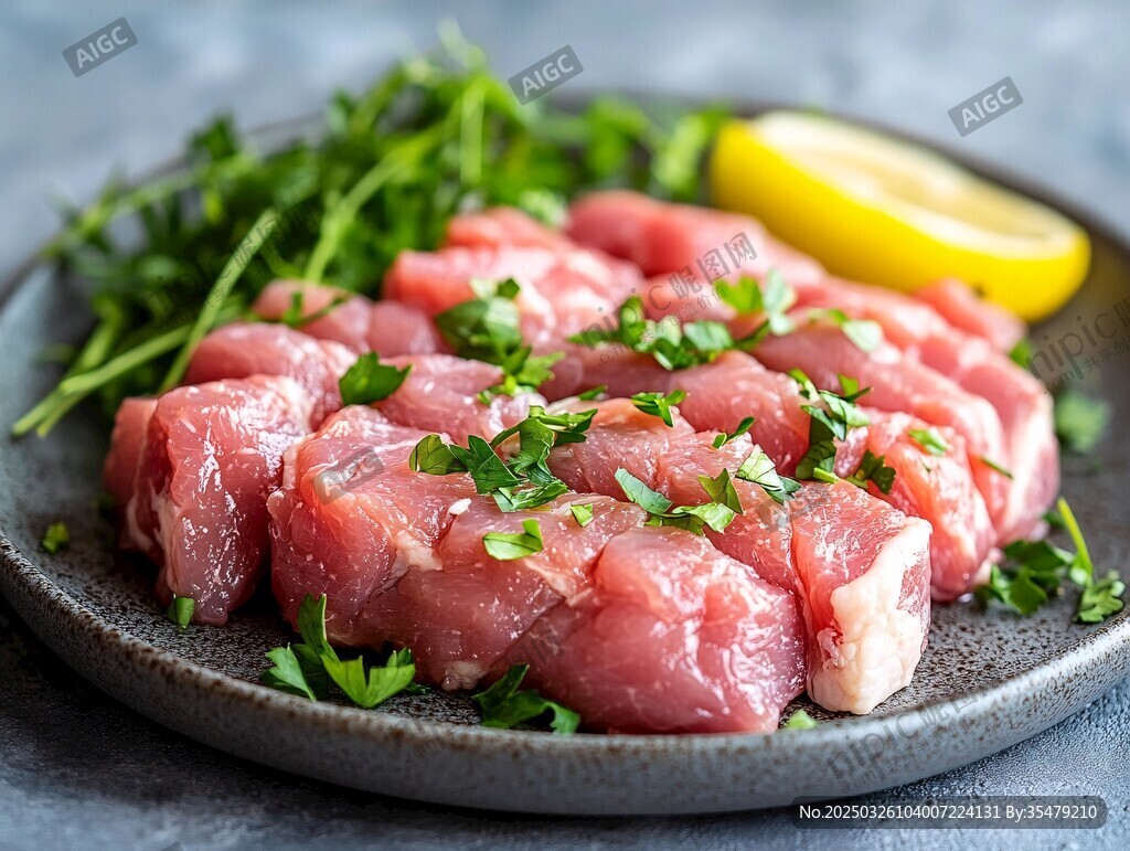 鲜嫩生肉块配柠檬欧芹