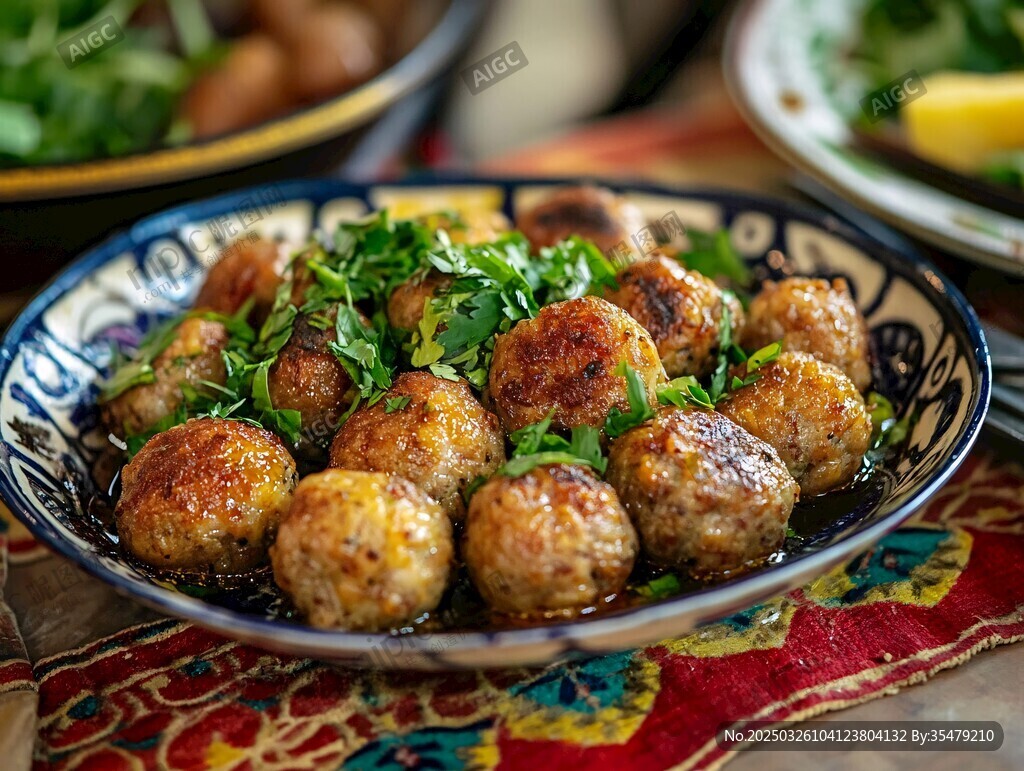 美味肉丸摆放在多彩瓷盘中