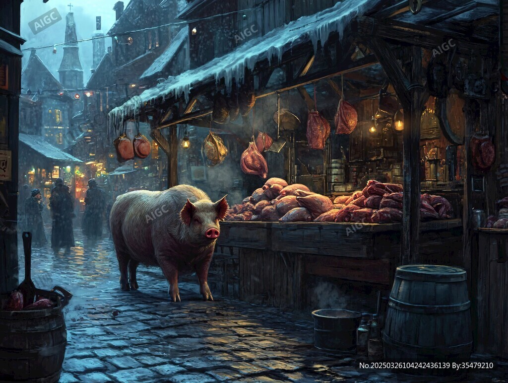 奇幻夜中猪行于肉铺集市