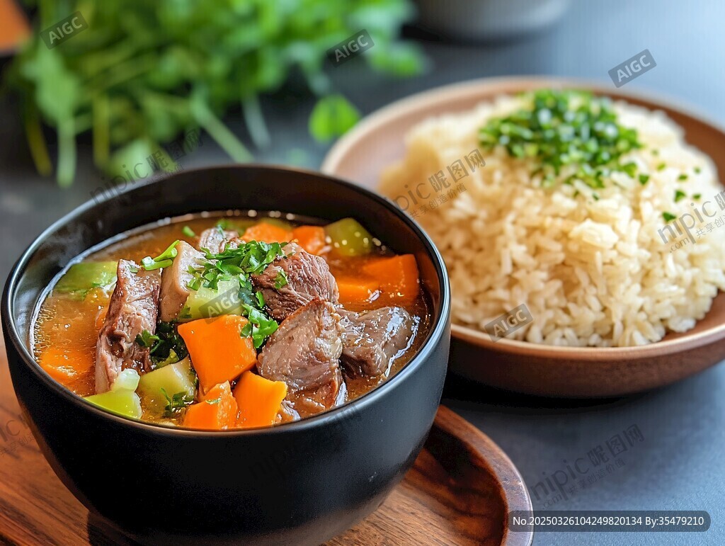 牛肉蔬菜汤配香米饭
