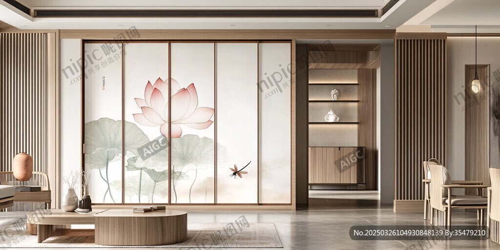 中式客厅之荷花屏风美景