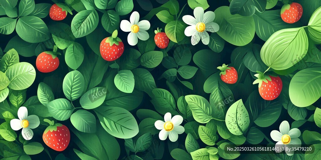 草莓花丛绿意盎然画面