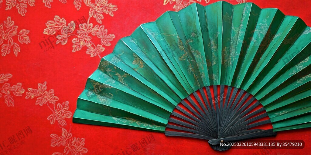 古典绿折扇置于红花布上