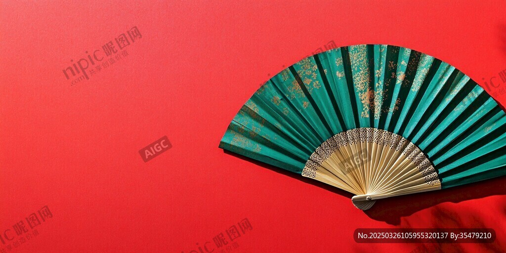 翠绿折扇于红底上展风姿