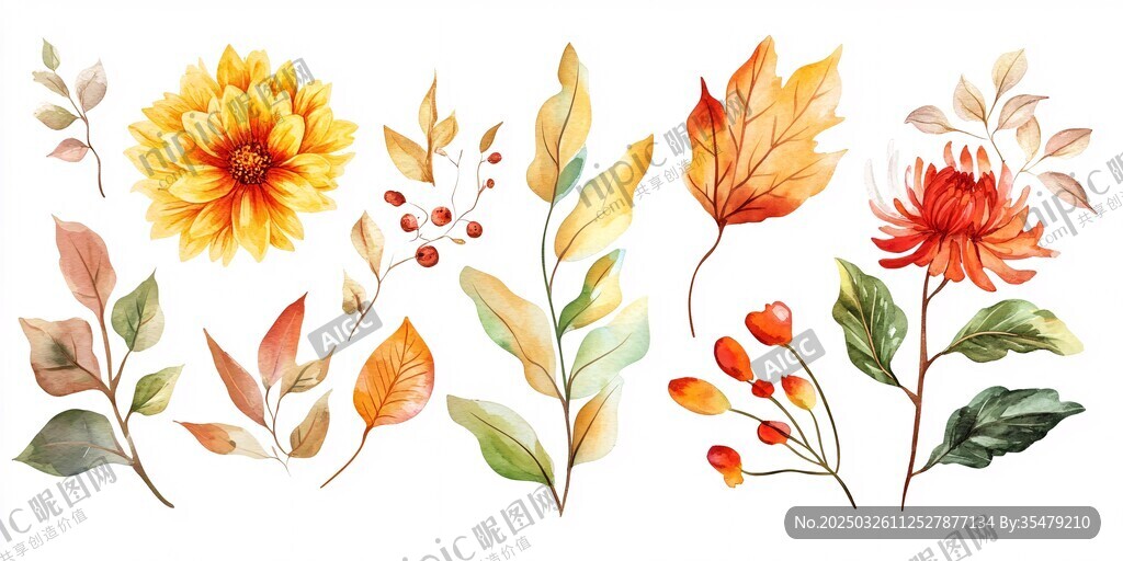 秋季花卉植物水彩插画