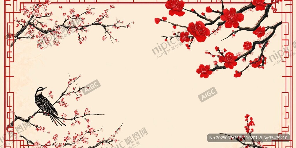 红梅栖鸟中式典雅背景图