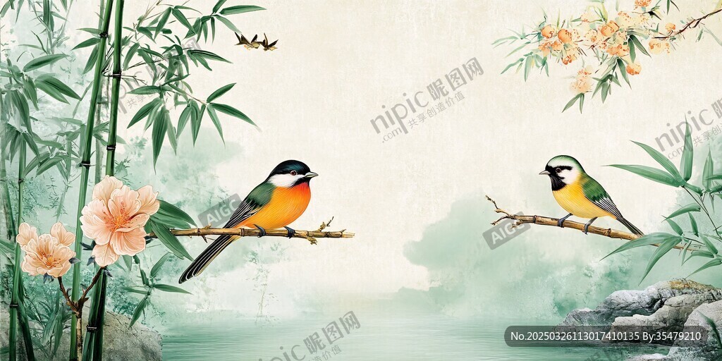双鸟栖枝绘中式诗意景