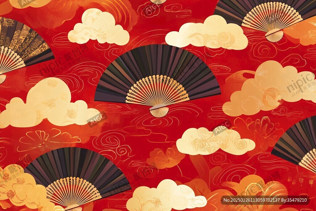 中式红底云扇吉祥图案