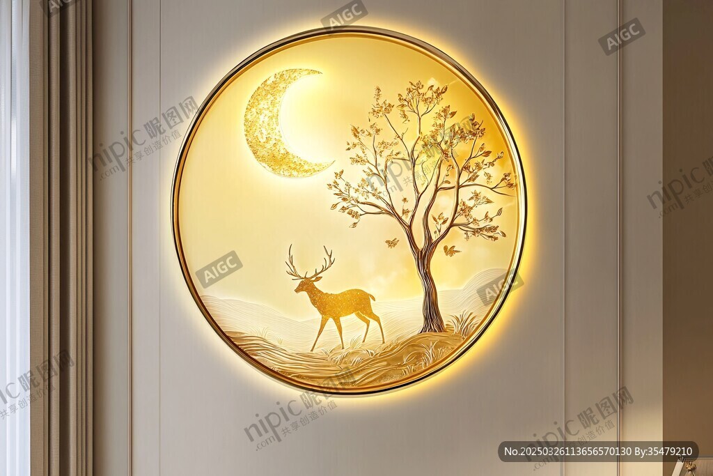 圆形壁饰上的月夜鹿景
