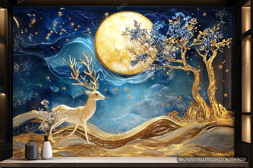 梦幻月夜金鹿图