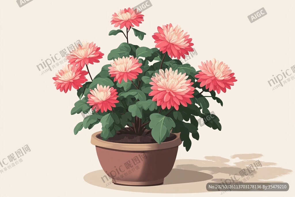 盆栽粉色菊花插画
