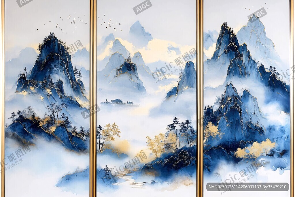 三联水墨山水意境画作