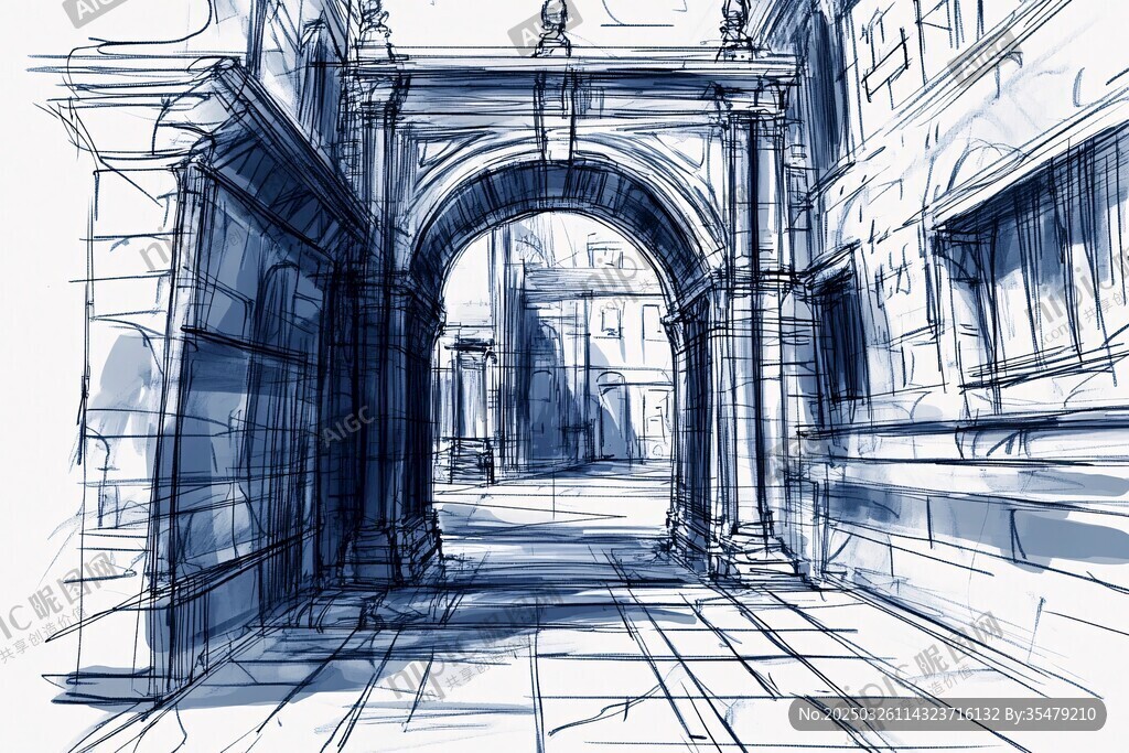 手绘复古拱门小巷景观