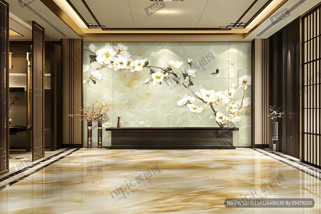 中式大厅水墨花卉背景墙