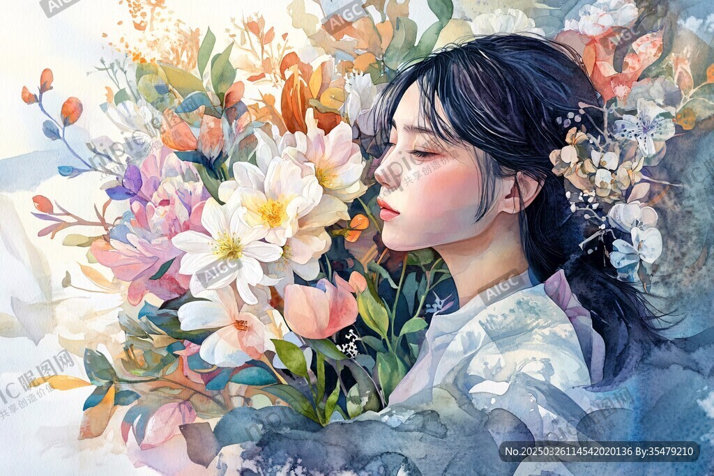 少女闻花 绘就梦幻诗意