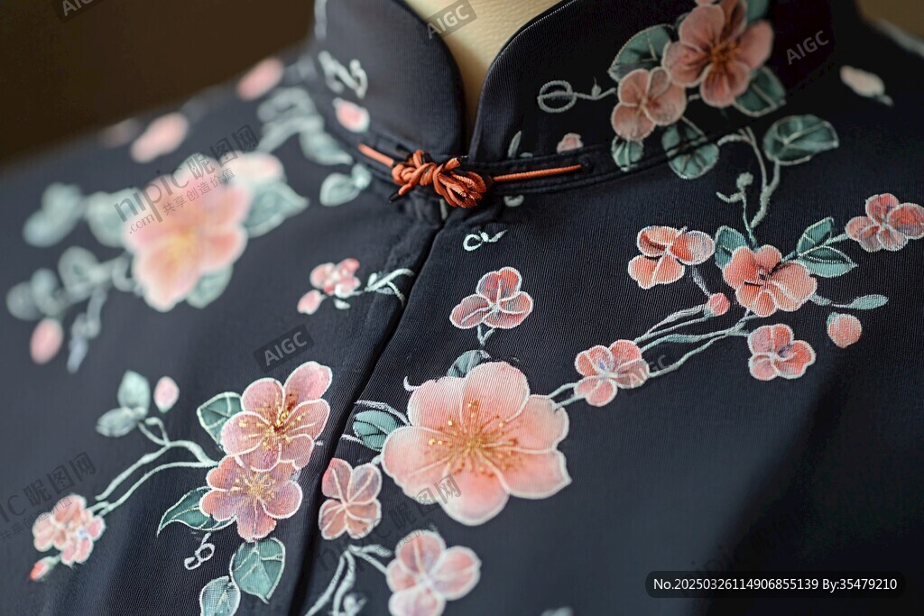 墨底繁花旗袍领口特写